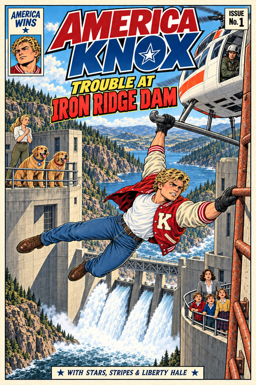 Blond America Knox hangs from a helicopter above Iron Ridge Dam. Liberty Hale, Stars and Stripes stand nearby. America Knox No. 001: Trouble at Iron Ridge Dam.