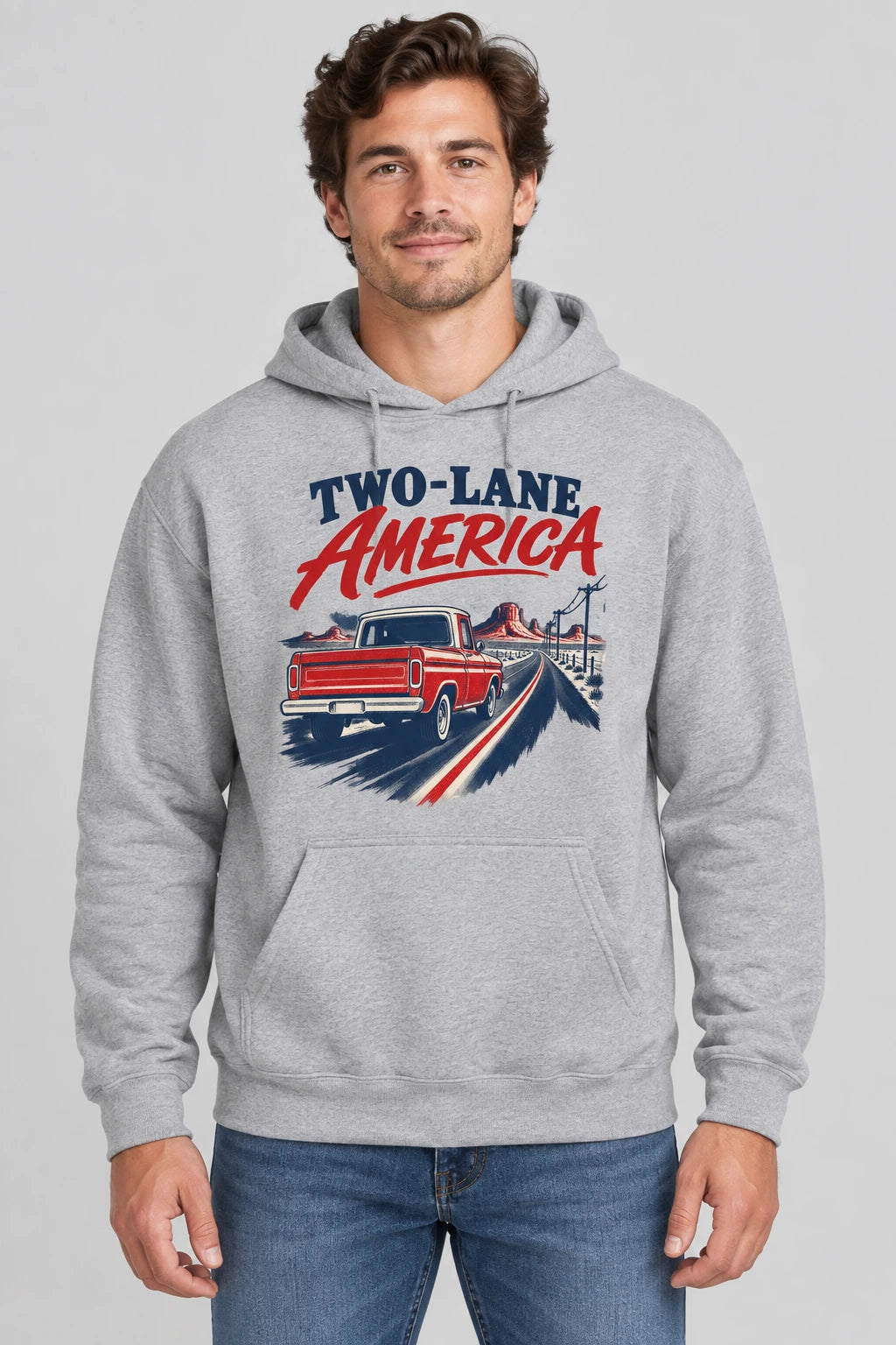 Two-Lane America Hoodie photographed product mockup