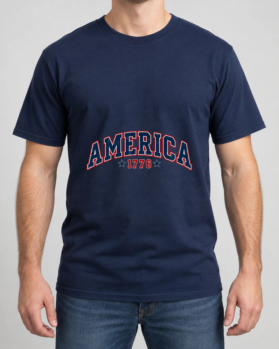 America 1776 Varsity Tee photographed shirt mockup – wearable v3 chest print
