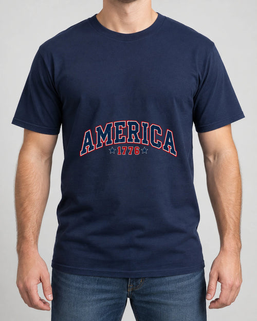 America 1776 Varsity Tee photographed shirt mockup – wearable v3 chest print