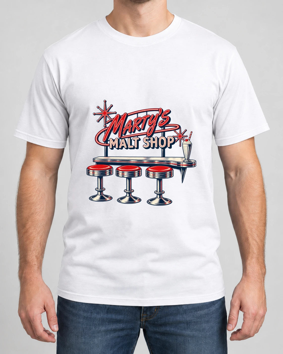 Marty’s Malt Shop Tee photographed shirt mockup – wearable v3 chest print