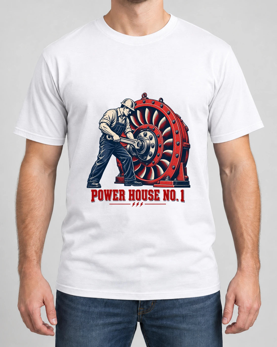 Power House No. 1 Tee photographed shirt mockup – wearable v3 chest print
