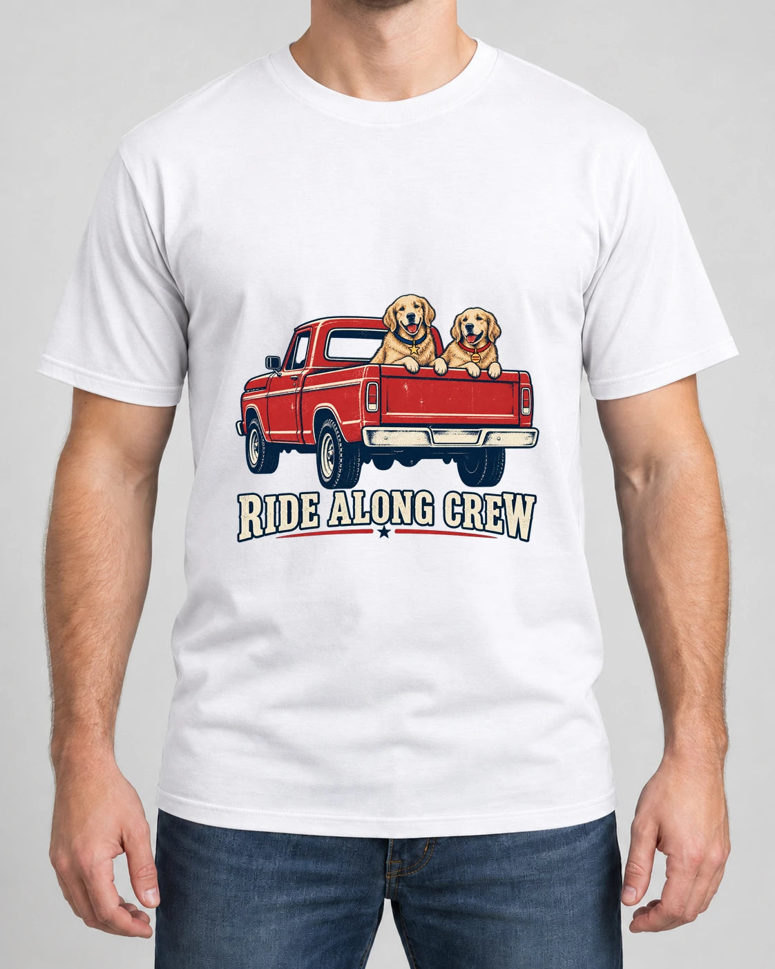 Ride Along Crew Tee photographed shirt mockup – wearable v3 chest print