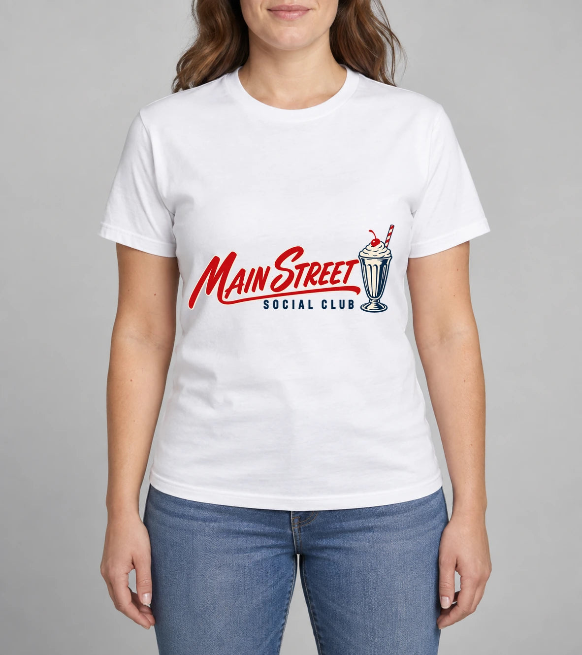 Main Street Social Club Women’s Tee photographed shirt mockup – wearable v3 chest print