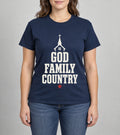 God, Family & Country Women’s Tee photographed shirt mockup – wearable v3 chest print
