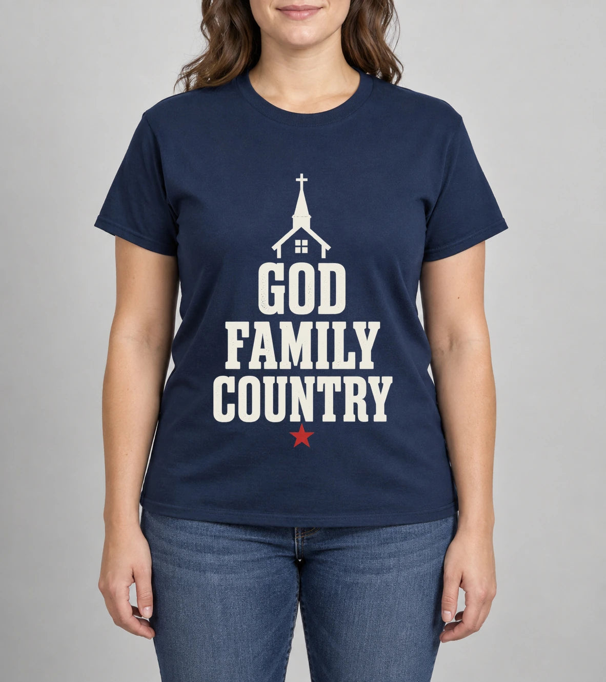 God, Family & Country Women’s Tee photographed shirt mockup – wearable v3 chest print