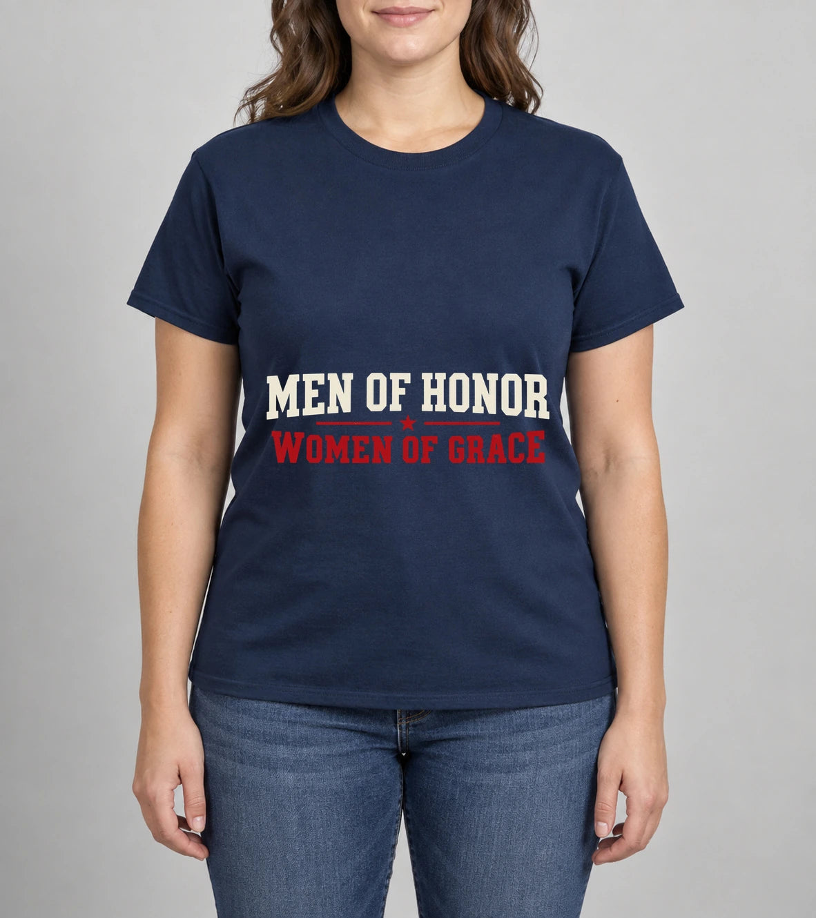 Men of Honor, Women of Grace Tee photographed shirt mockup – wearable v3 chest print