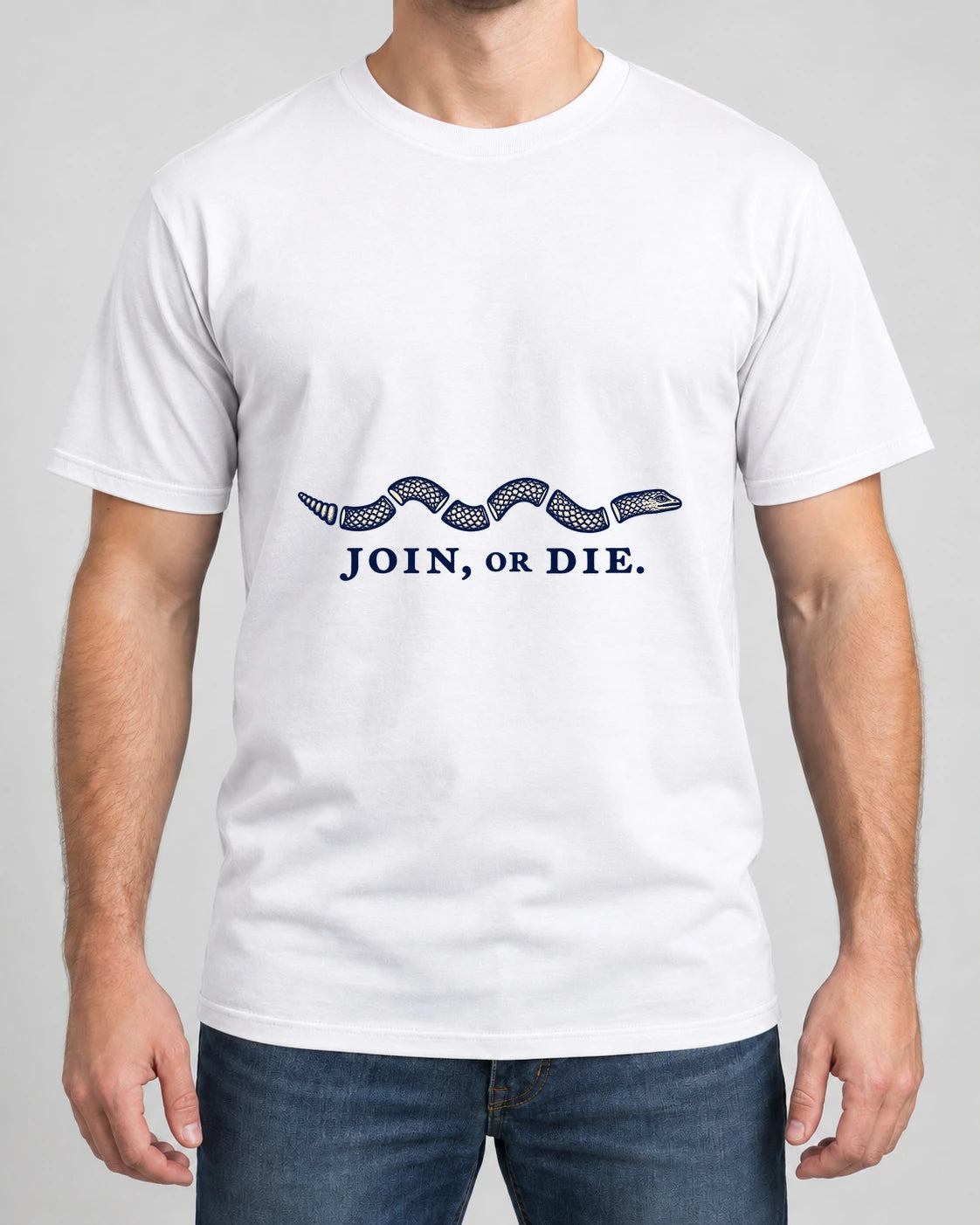 Join or Die Tee photographed shirt mockup – wearable v3 chest print